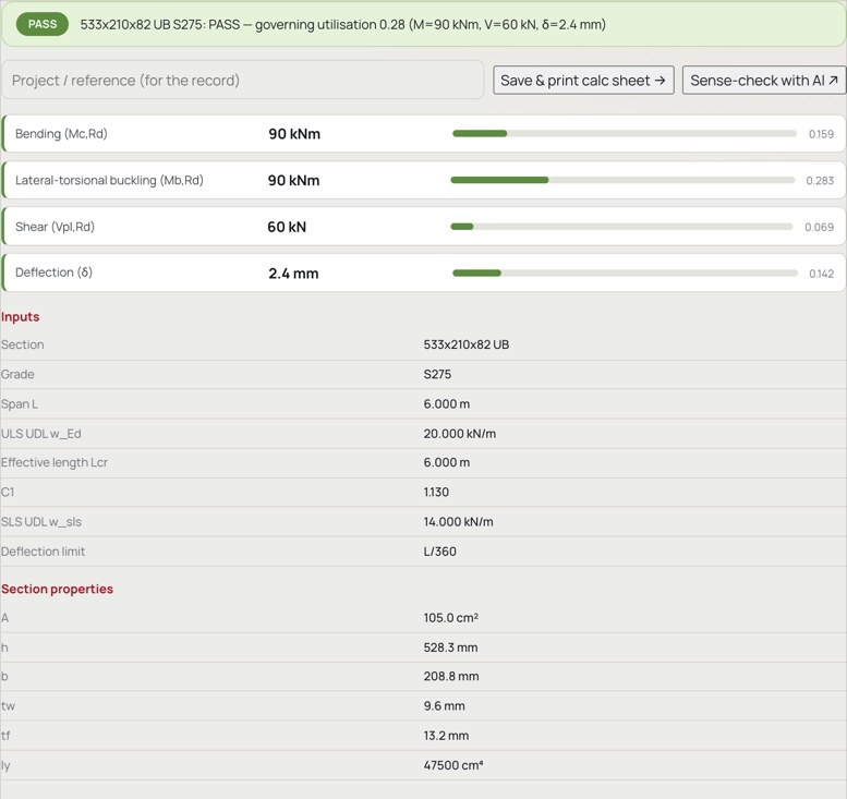 A calculation showing full working and utilisation checks