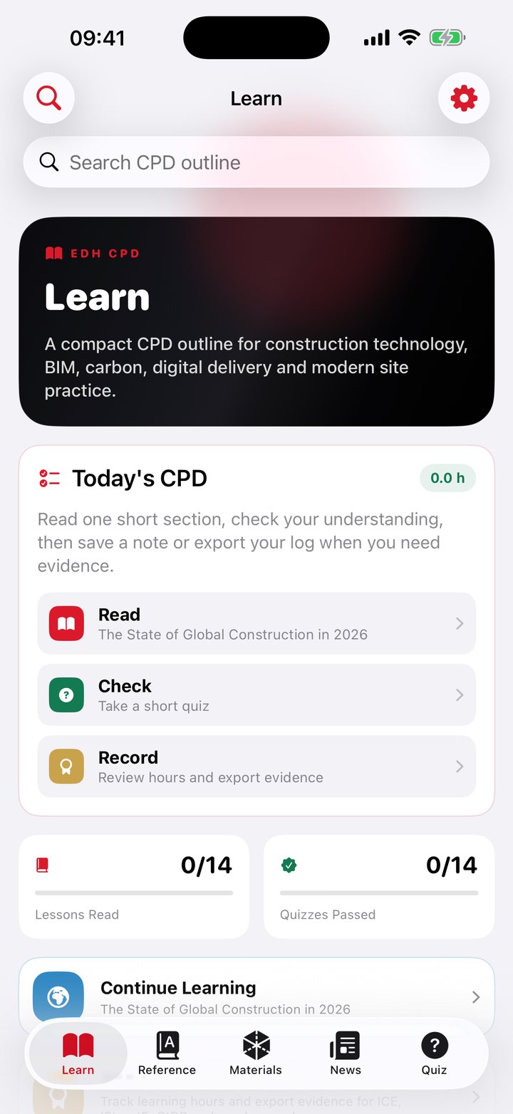 EDH CPD Learn tab with Today's CPD card on iPhone