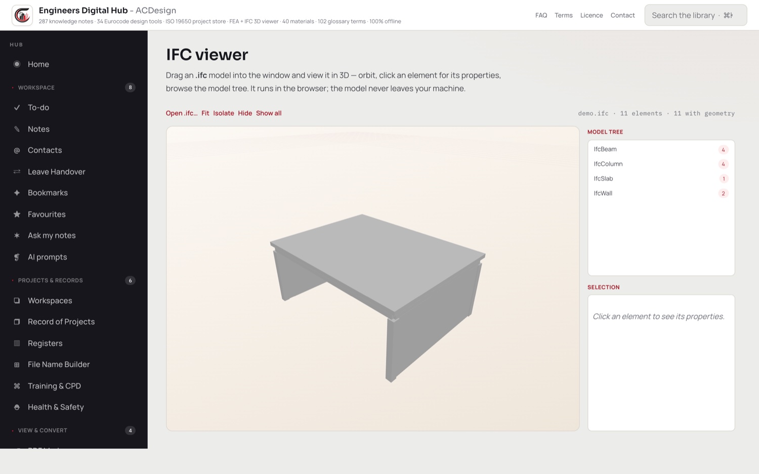 An IFC / BIM model open in the 3D viewer