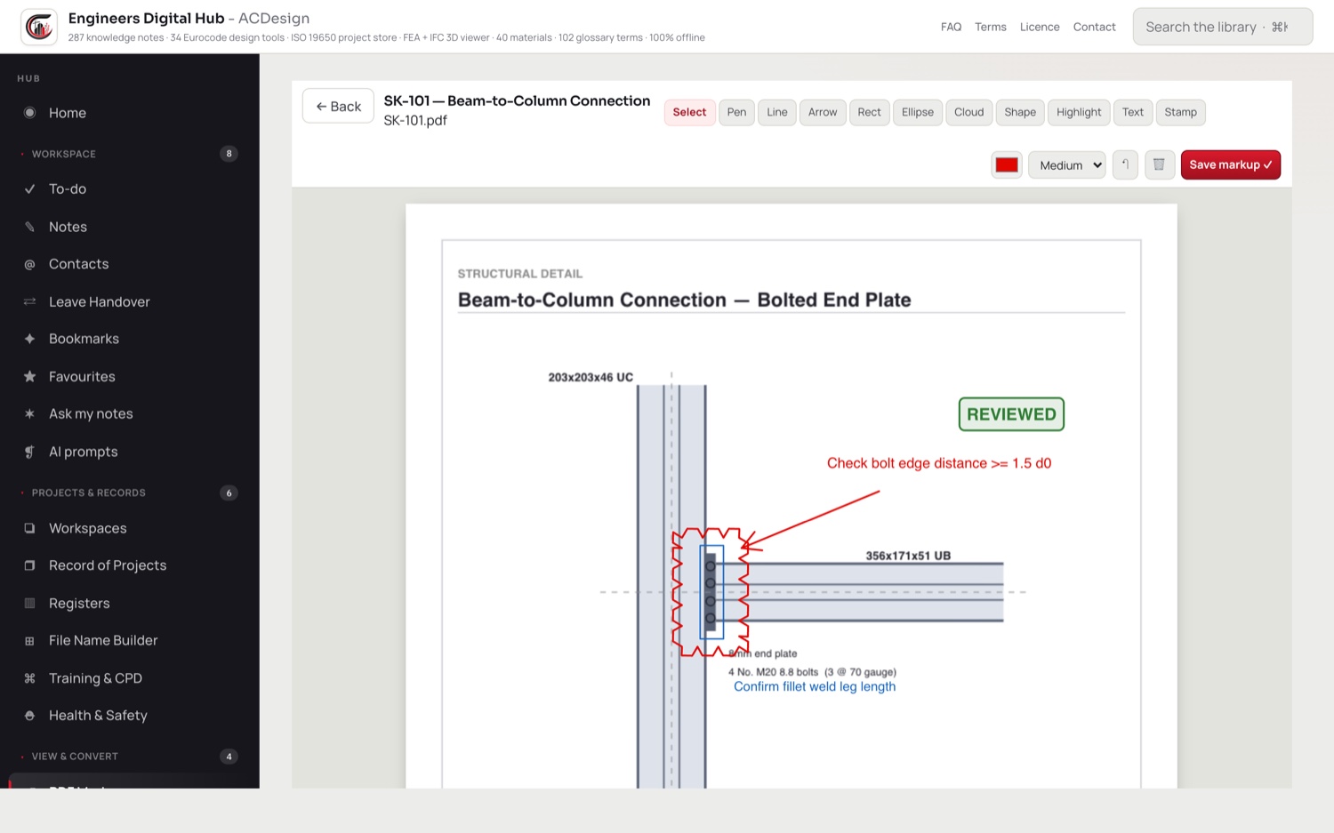 A PDF drawing being marked up with redline tools