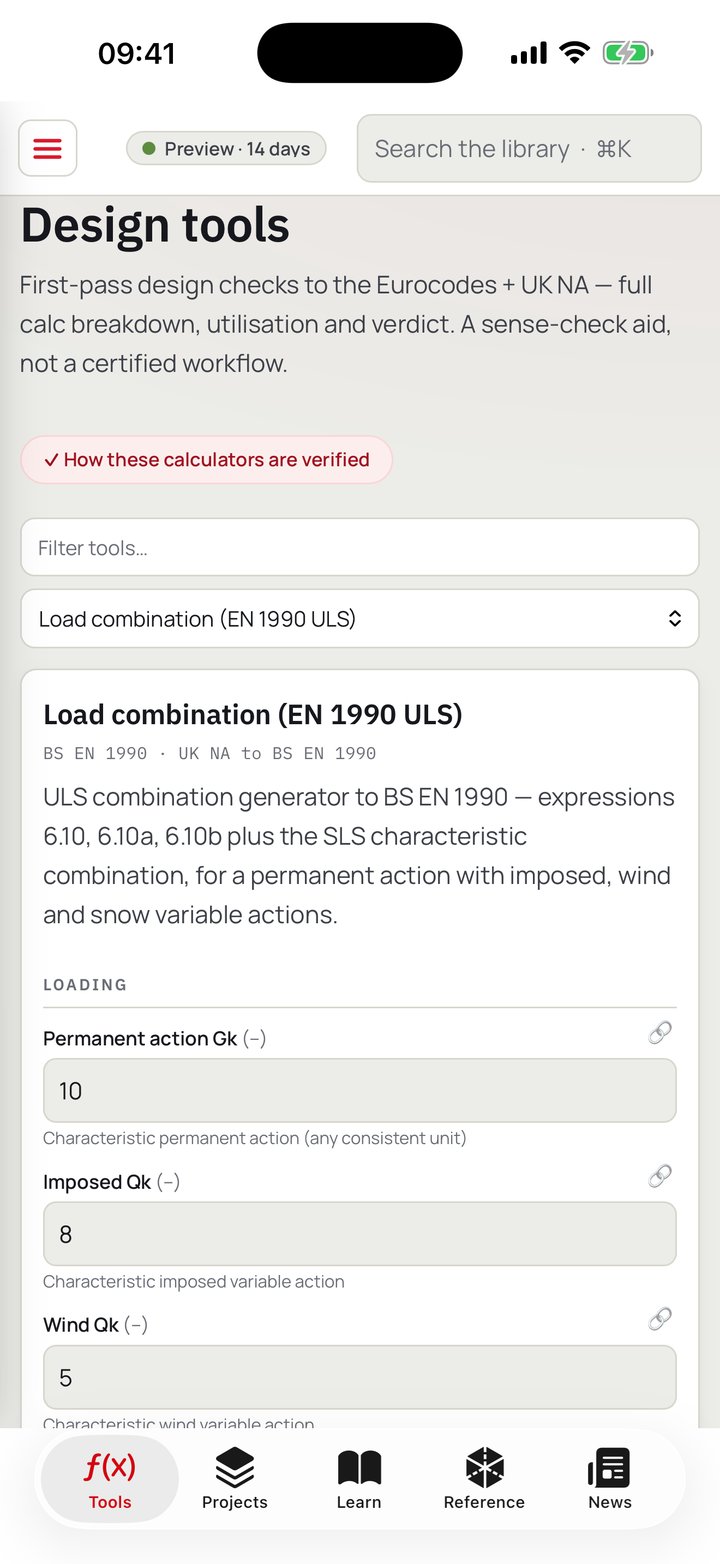 EDH Pocket running a Eurocode load combination design tool on iPhone